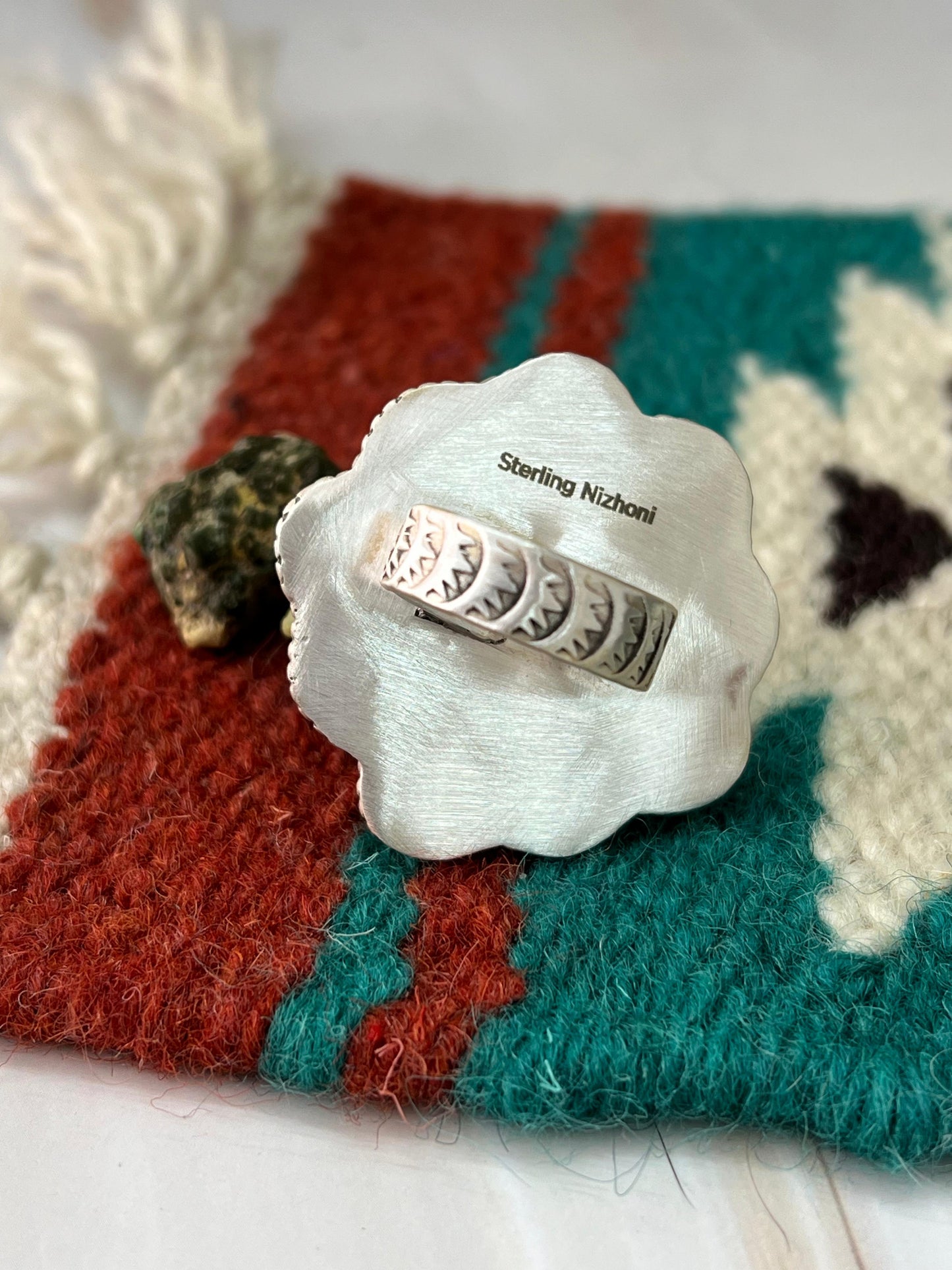Handmade Sterling Silver White Buffalo Adjustable Ring with Signed Nizhoni