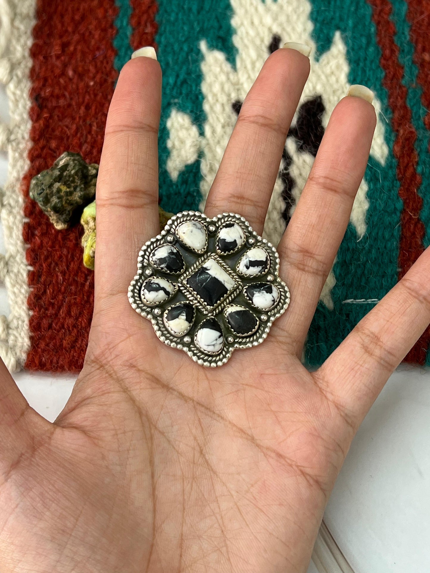 Handmade Sterling Silver White Buffalo Adjustable Ring with Signed Nizhoni