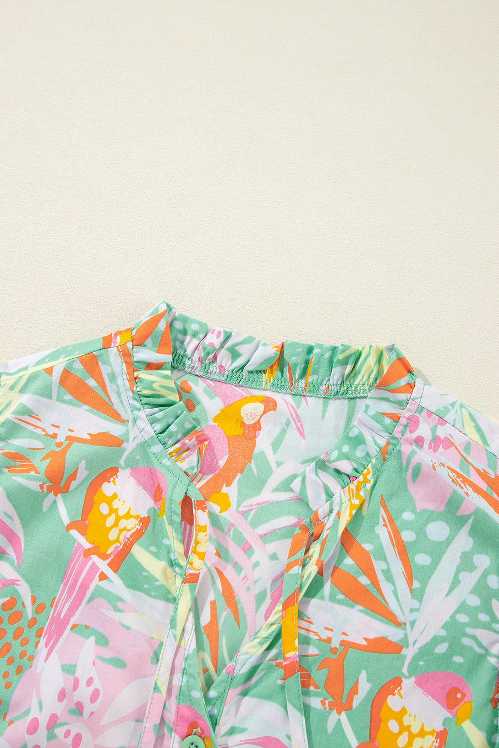 Luxury Abstract Floral Ruffle Trim Flutter Sleeve Buttoned Dress