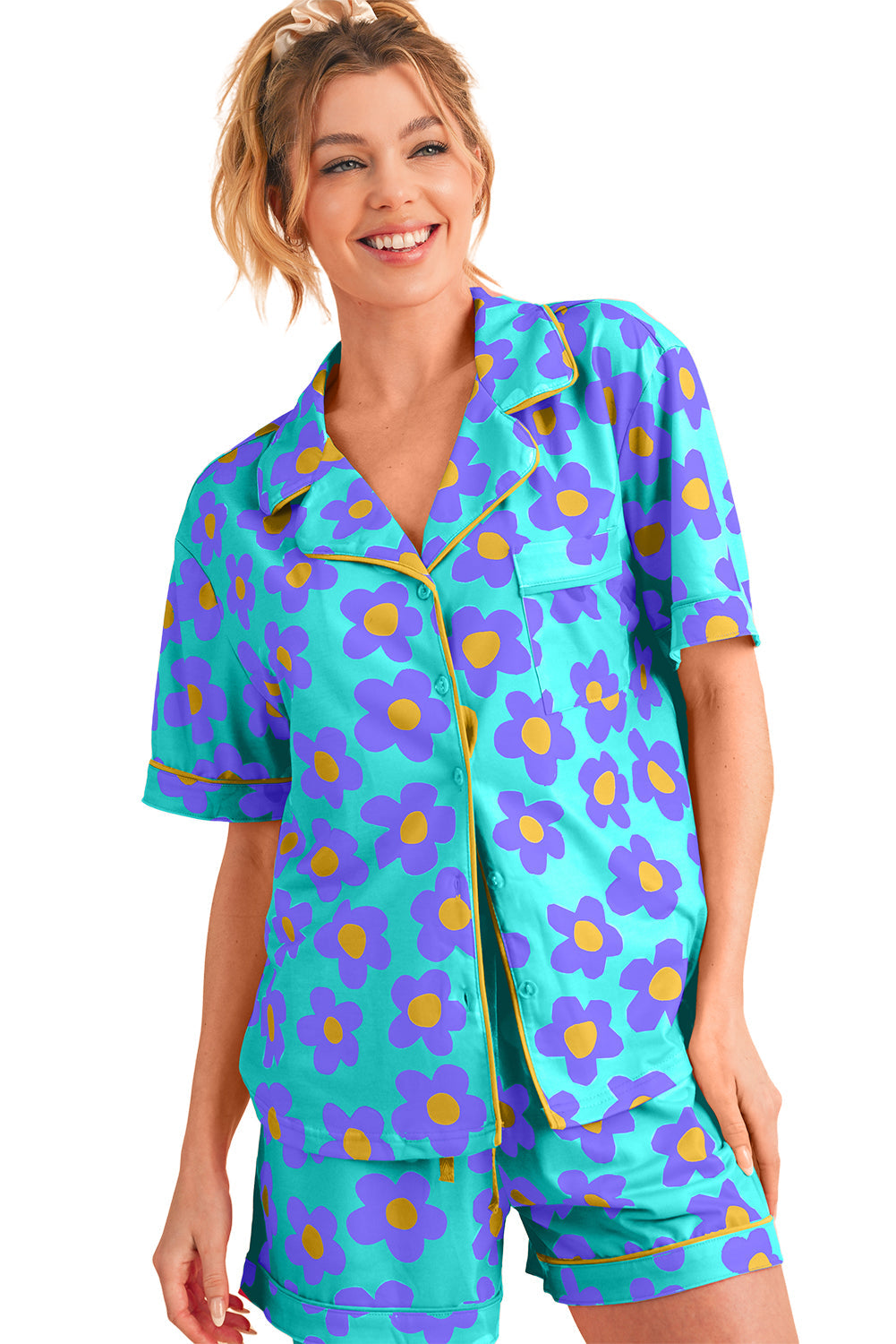 Luxury Flower Print Buttoned Shirt And Drawstring Waist Pajama Set