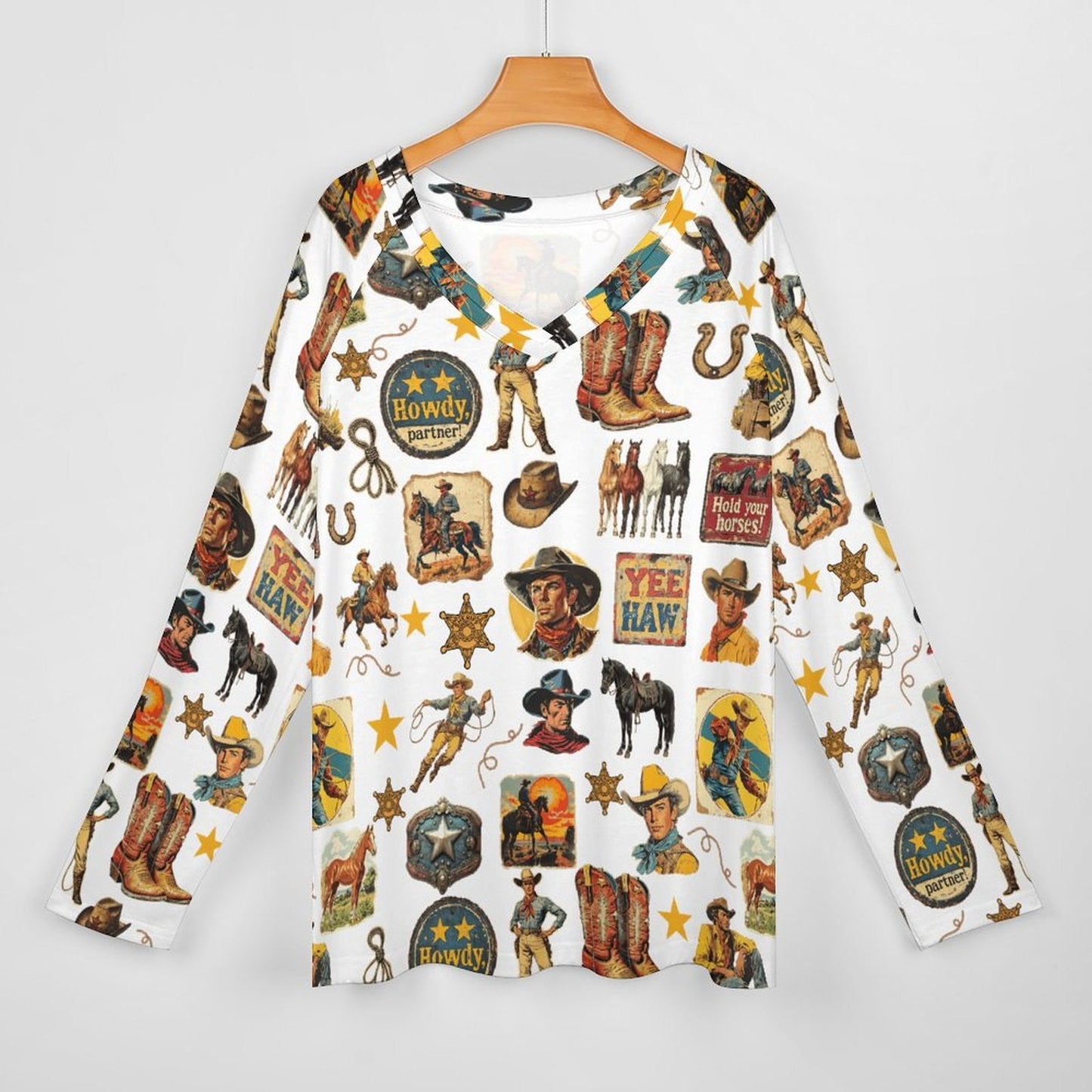 Baha Ranch Long Sleeve Vintage Cowboy Collage Top