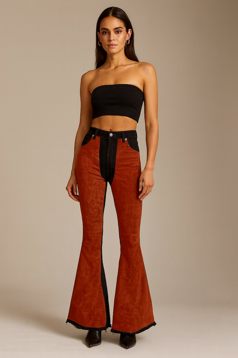 Red Suede Chap Panel Bell Bottom Jeans -32” Inseam