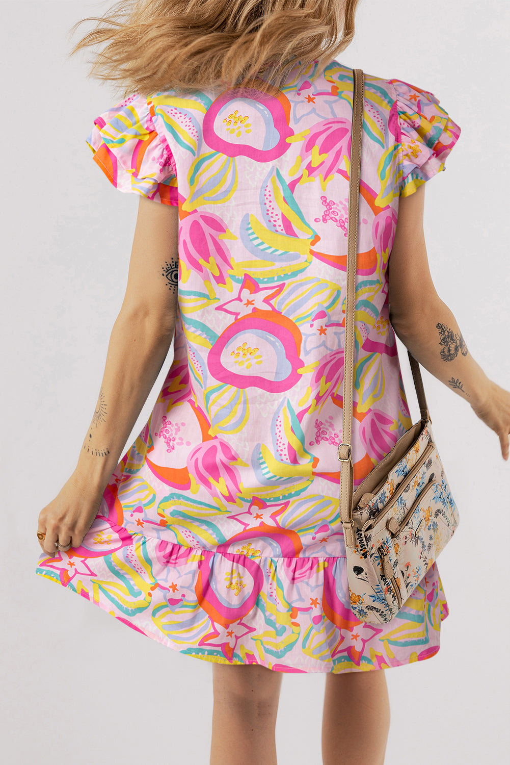 Luxury Abstract Floral Ruffle Trim Flutter Sleeve Buttoned Dress