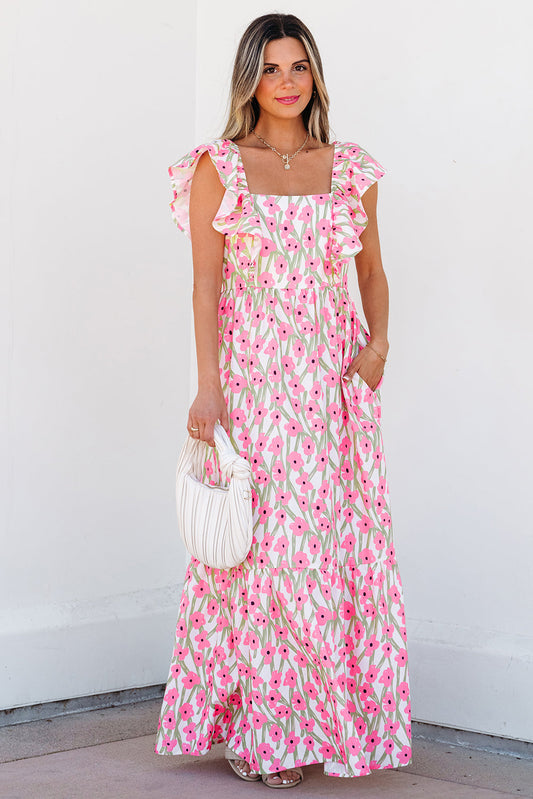 Luxury Floral Print Square Neck Ruffled Strap Maxi Dress