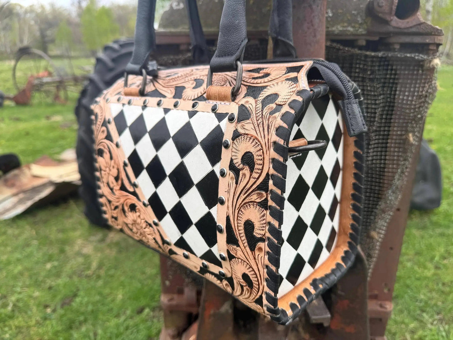 Luxe Tooled Leather Midnight Rhinestone Stud Checkered Speedy Bag