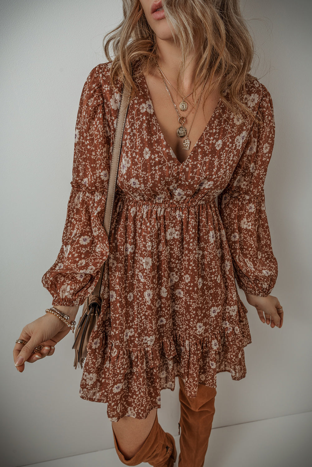 Ashley Boho Floral Puff Sleeve Mini Dress with Ruffles and V Neckline