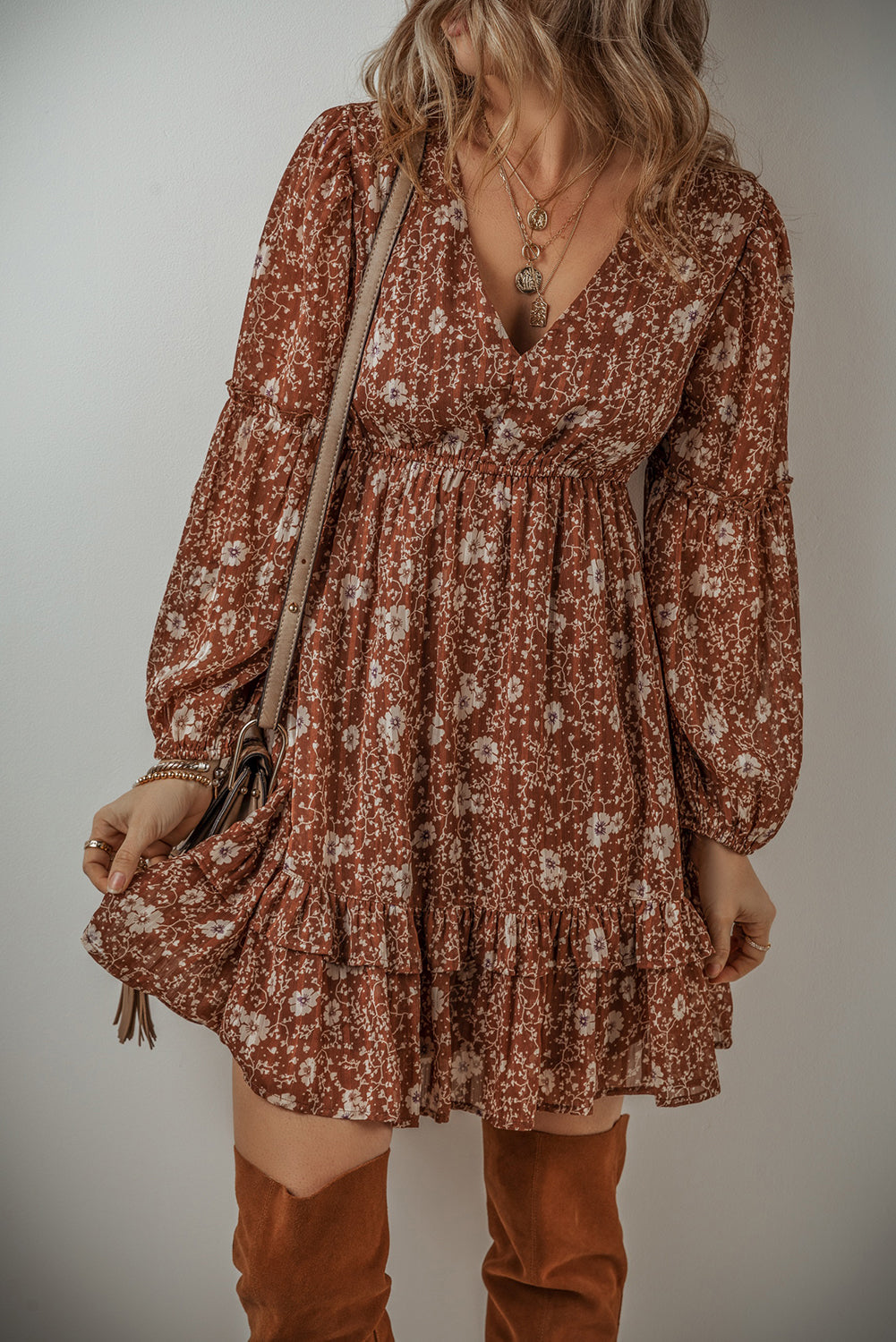 Ashley Boho Floral Puff Sleeve Mini Dress with Ruffles and V Neckline