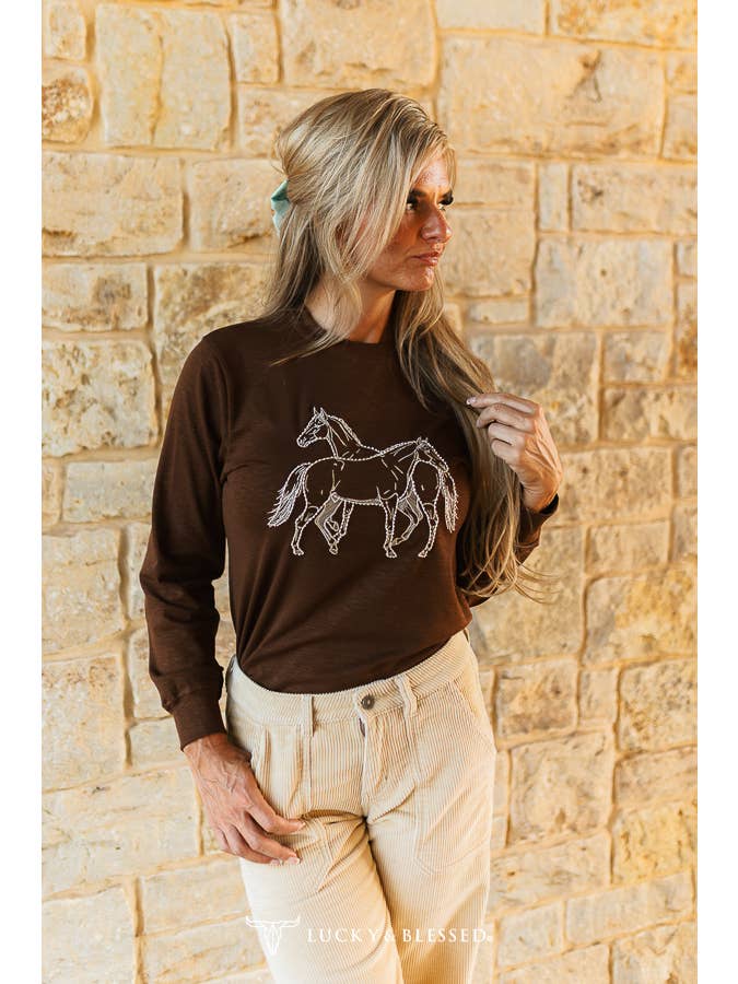 Brown embroidered Duo Horse long sleeve top back view