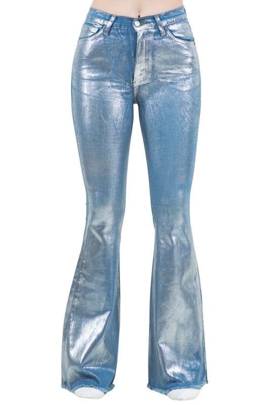High Rise Metallic Blue Bell Bottom -33" Inseam