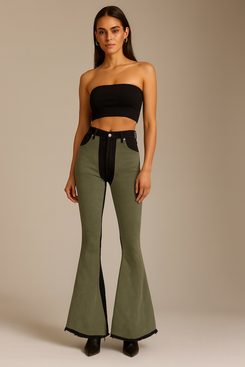 Red Suede Chap Panel Bell Bottom Jeans -32” Inseam