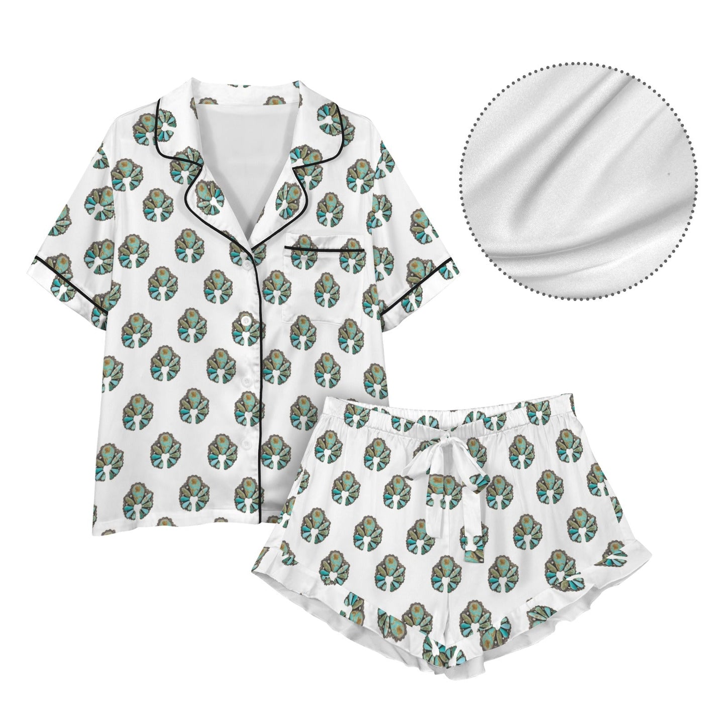 Turquoise Squash Blossom Satin Ruffle Pajama Set
