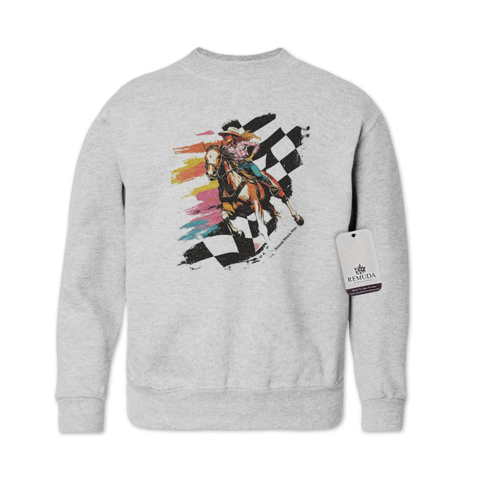 Checkered Flag Neon Cowgirl - Youth Girls Western Sweatshirt