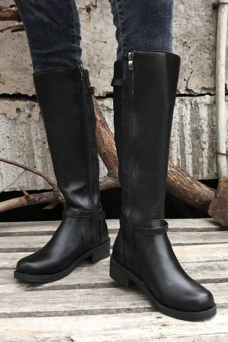 Love Salve Black Faux Leather Women's Knee-High Boots Western Style + Chunky Heel