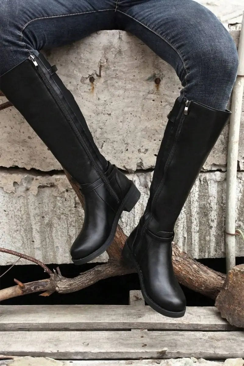 Love Salve Black Faux Leather Women's Knee-High Boots Western Style + Chunky Heel
