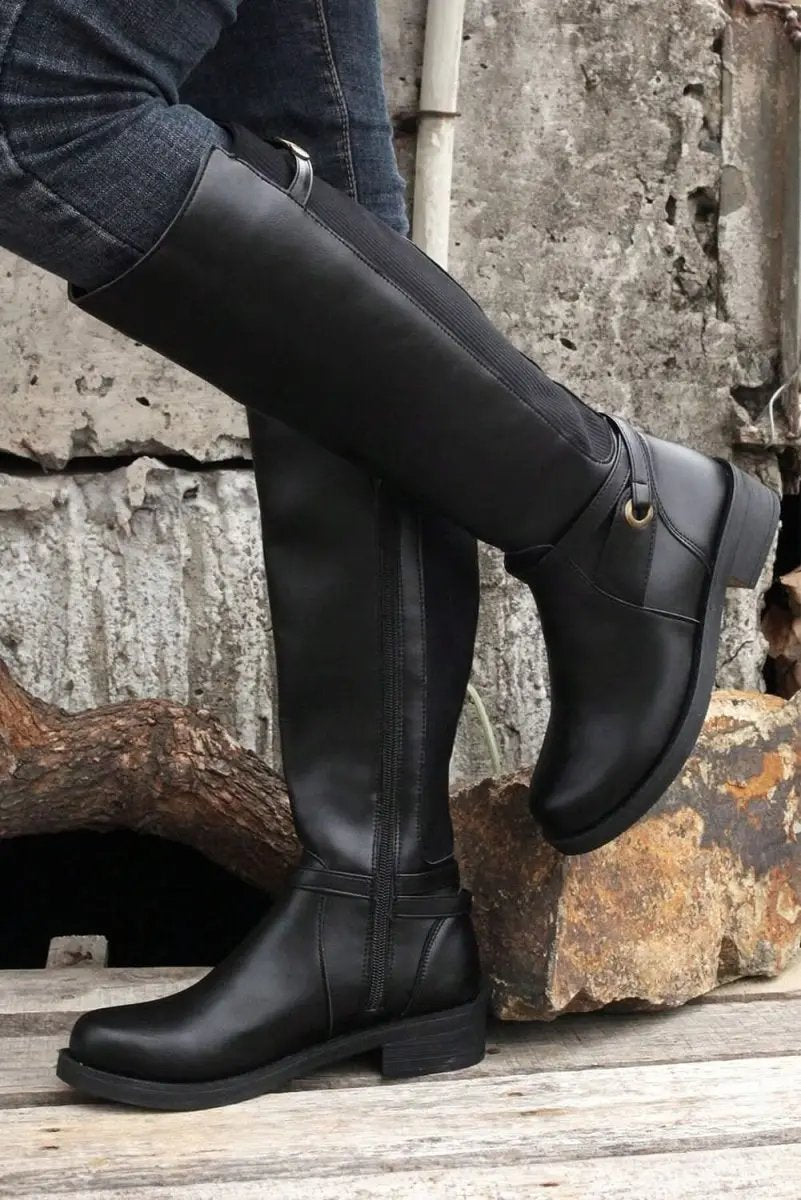 Love Salve Black Faux Leather Women's Knee-High Boots Western Style + Chunky Heel