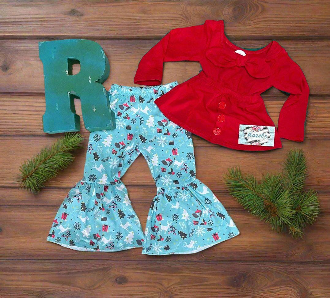Christmas Boutique Bell Bottom Outfit / BOHO Reindeer Flare Pants,  Christmas Red Bow Top