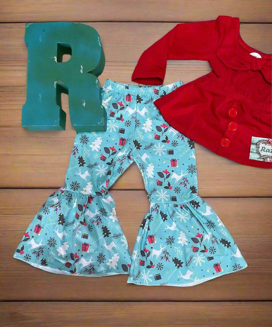 Christmas Boutique Bell Bottom Outfit / BOHO Reindeer Flare Pants,  Christmas Red Bow Top