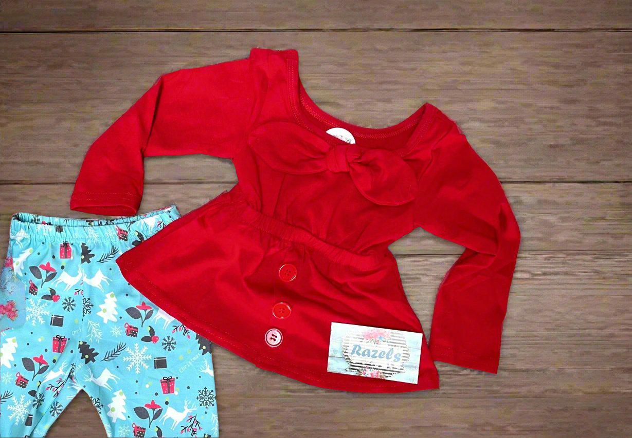 Christmas Boutique Bell Bottom Outfit / BOHO Reindeer Flare Pants,  Christmas Red Bow Top