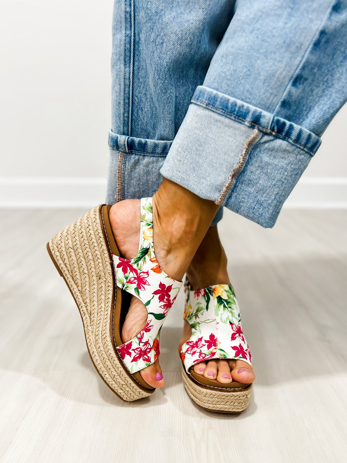 Corkys Freddie white floral wedge sandals