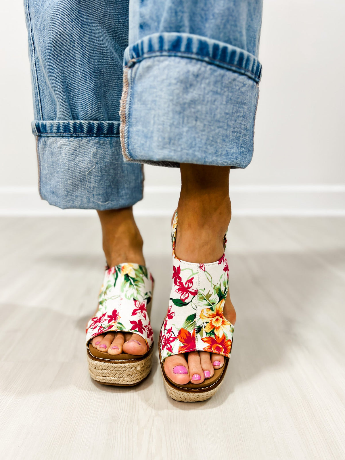 Corkys Freddie white floral wedges side view