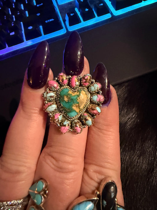 Cotton Candy Sonoran heart statement ring shown on hand