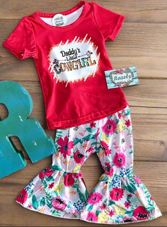 Daddy’s Little Cowgirl Bell Bottom Outfit | Girls Western T-Shirt & Flower Bell Bottom Pants Set