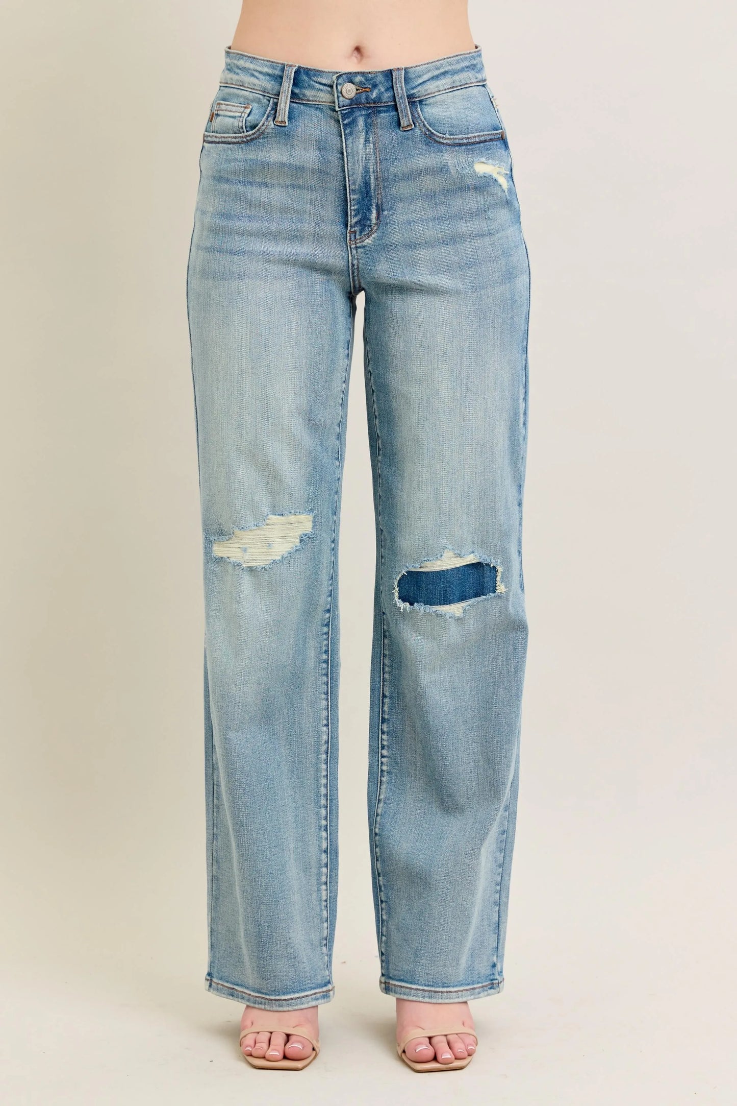 Judy Blue Plus Size High Rise Destroyed Knee Patch Straight Jeans