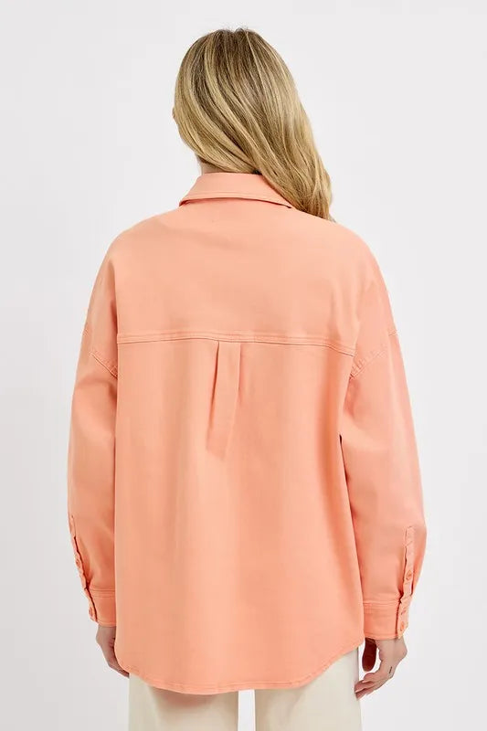 Risen Full Size Button Down Long Sleeve Denim Shacket with Chest Pockets Plus Size