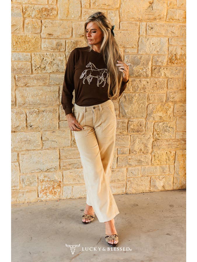 Brown studded Duo Horse embroidery detail
