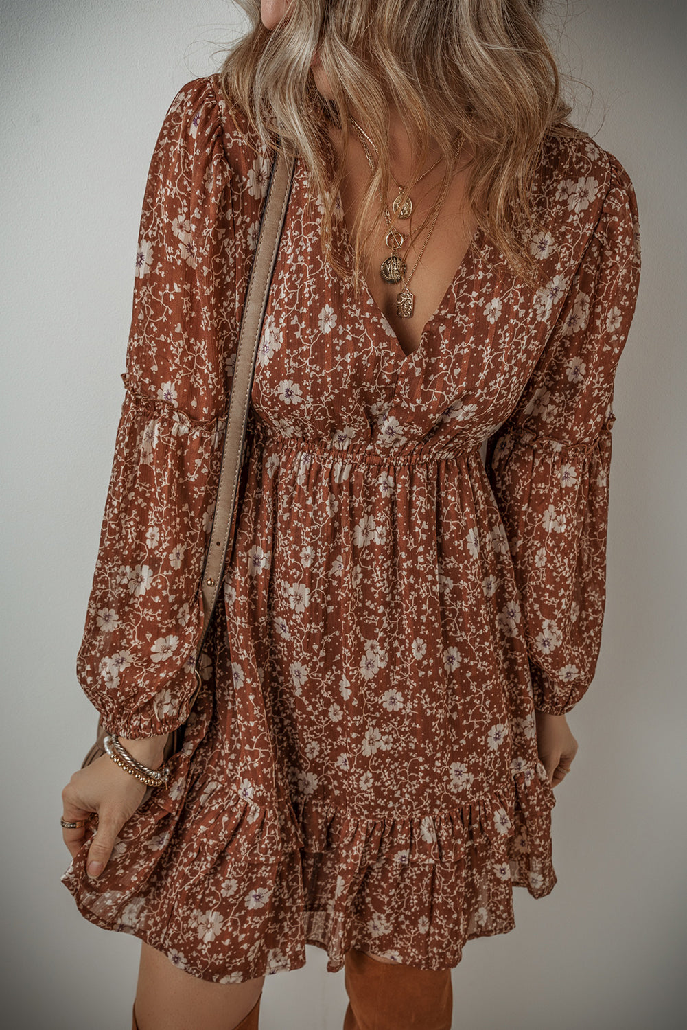 Ashley Boho Floral Puff Sleeve Mini Dress with Ruffles and V Neckline
