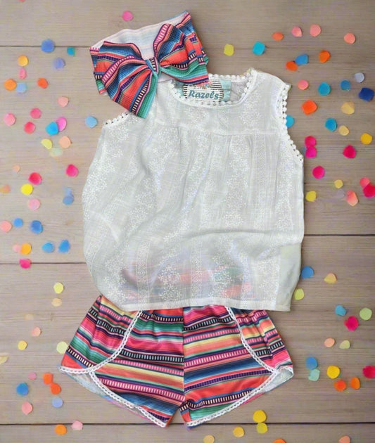 Girls Serape Summer Shorts – Pink Stripe Western Boutique Style – Lightweight & Lace Hem