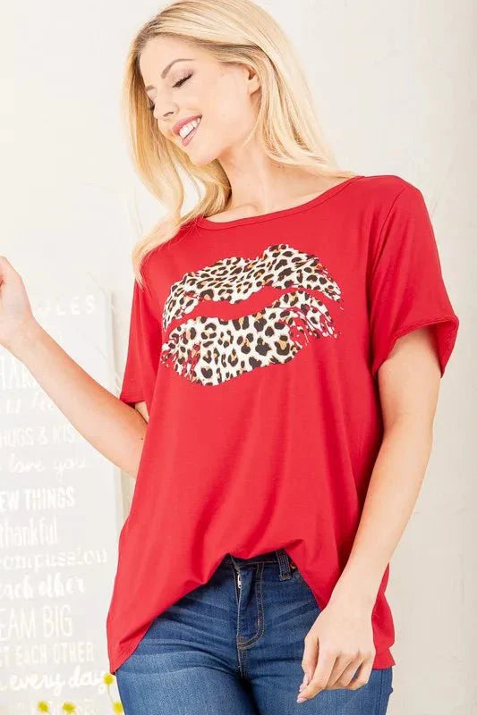 Heimish Full Size Leopard Lip Round Neck T-Shirt Plus Size