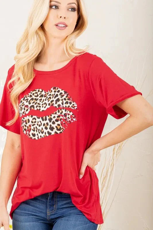 Heimish Full Size Leopard Lip Round Neck T-Shirt Plus Size