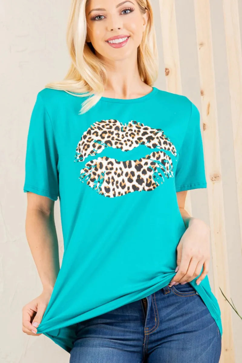 Heimish Full Size Leopard Lip Round Neck T-Shirt Plus Size
