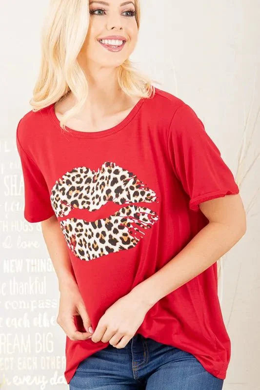 Heimish Full Size Leopard Lip Round Neck T-Shirt Plus Size