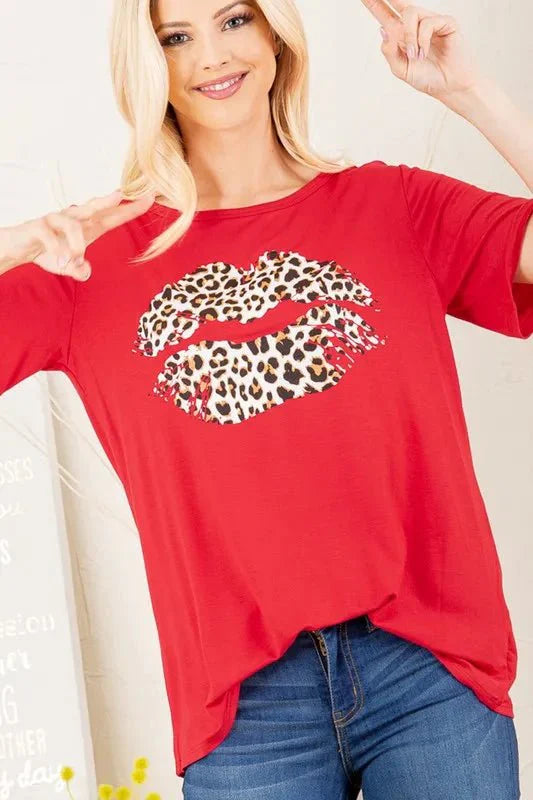 Heimish Full Size Leopard Lip Round Neck T-Shirt Plus Size