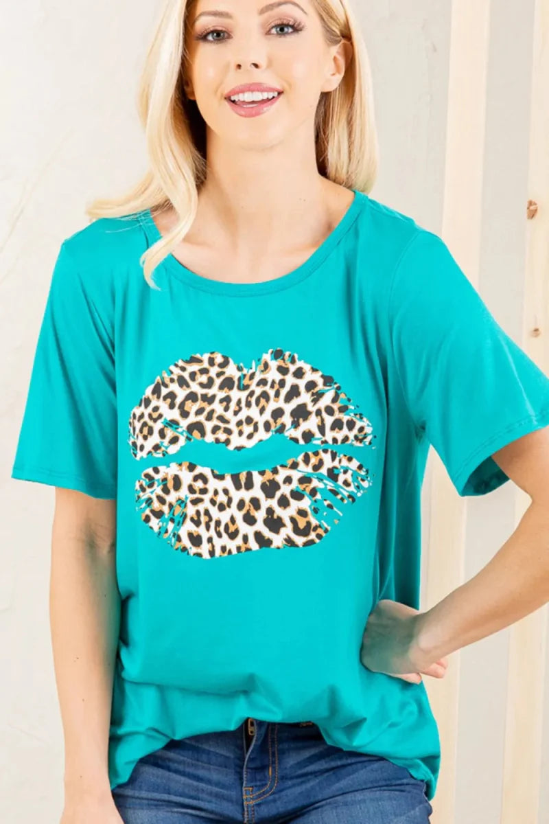 Heimish Full Size Leopard Lip Round Neck T-Shirt Plus Size