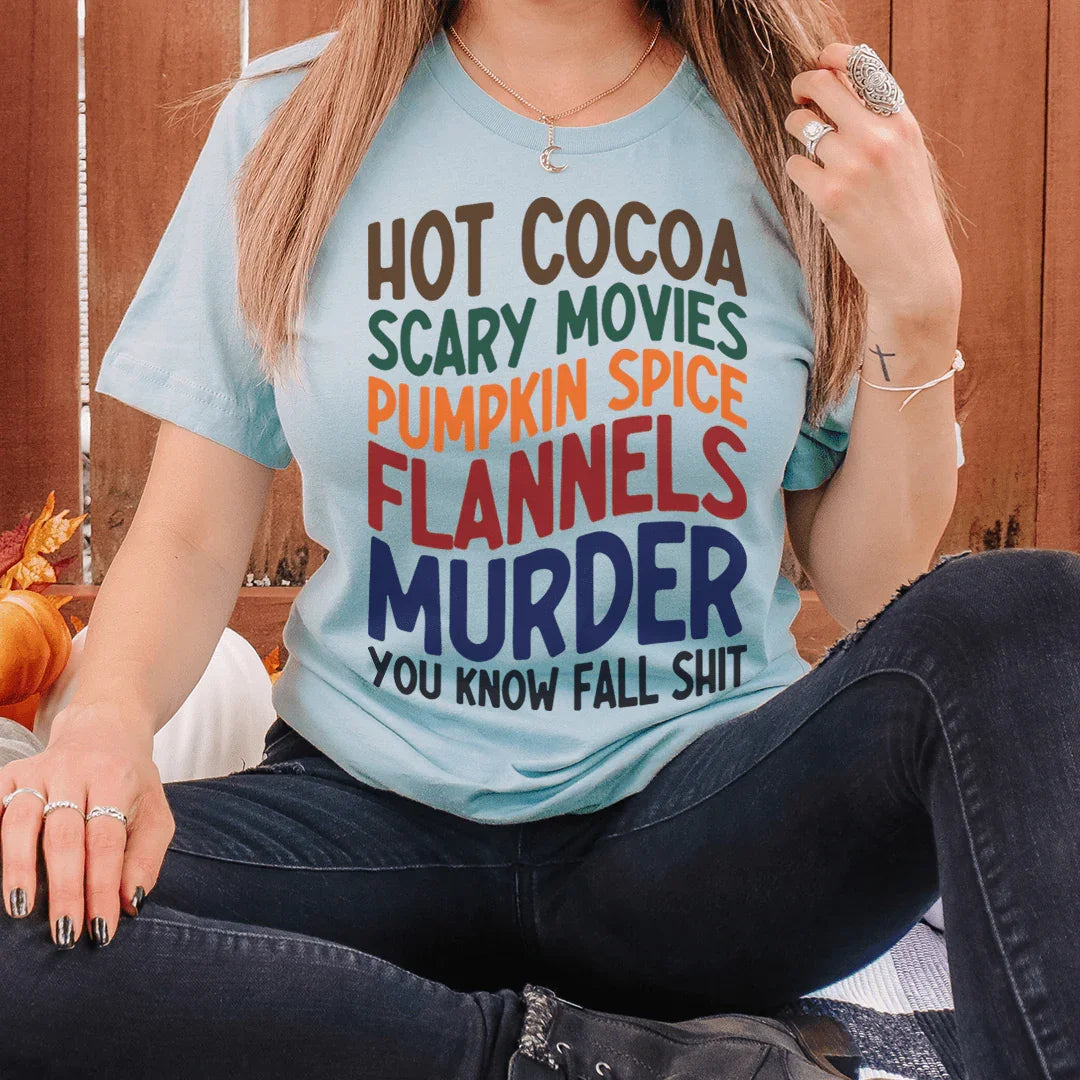 Fall Flannels & True Crime Casual Top – "Hot Cocoa Scary Movies"