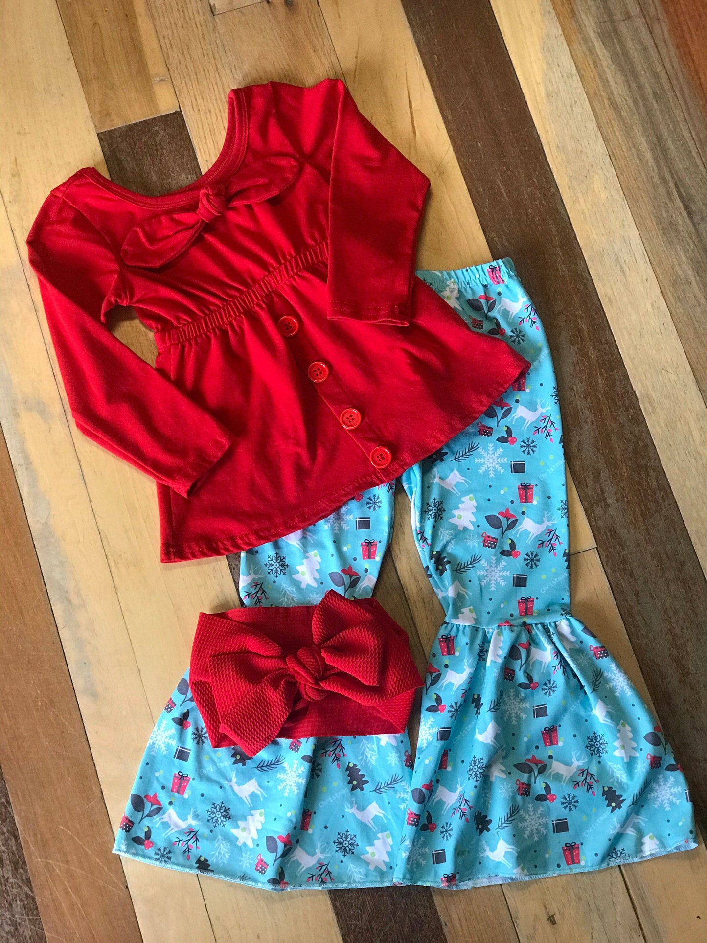 Christmas Boutique Bell Bottom Outfit / BOHO Reindeer Flare Pants,  Christmas Red Bow Top