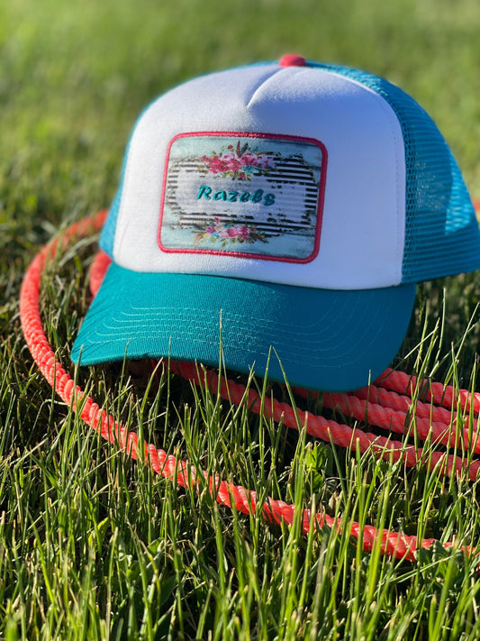 RAZELS LOGO CAP | Retro Trucker Cap with Turquoise Patch | 5 Panel Baseball Hat for Trendy Outdoor Style