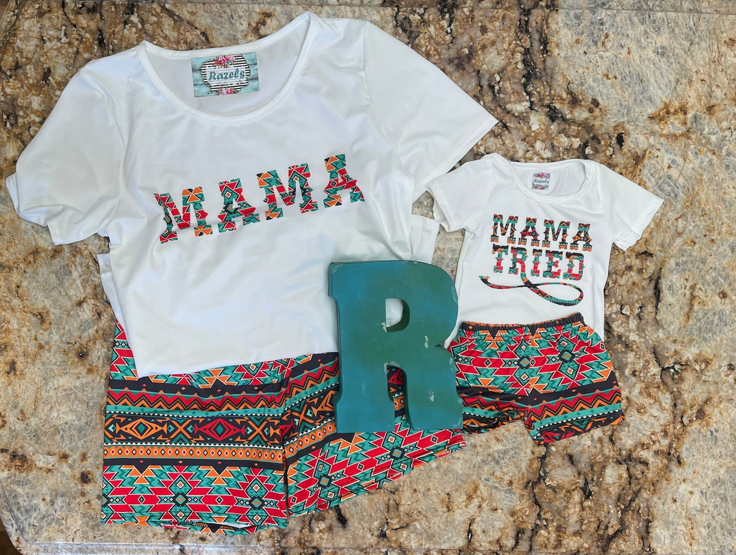 COWGIRL MAMA Short Set – Western Mama Loungewear with Aztec Biker Shorts and MAMA T-ShirT