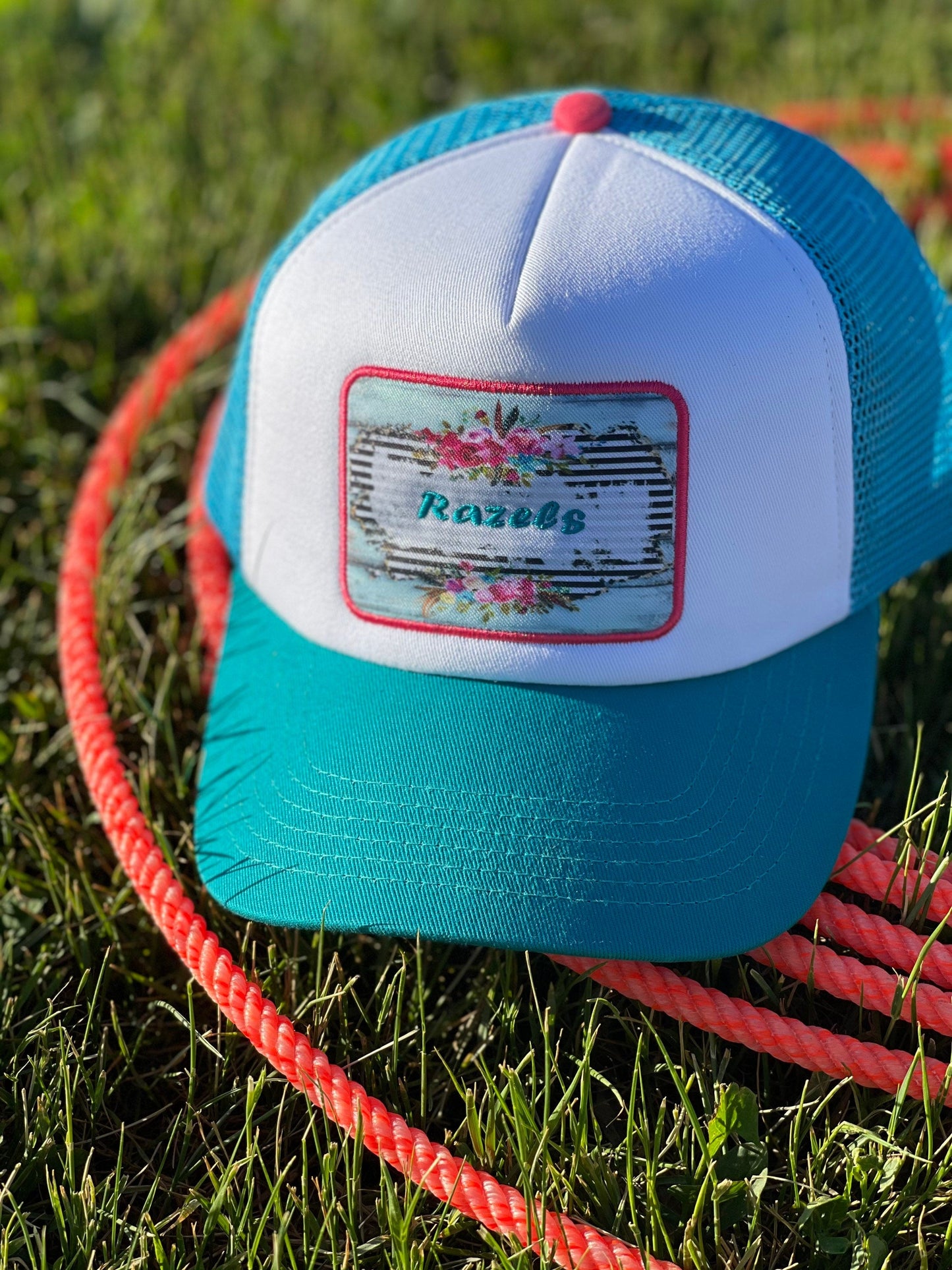 RAZELS LOGO CAP | Retro Trucker Cap with Turquoise Patch | 5 Panel Baseball Hat for Trendy Outdoor Style