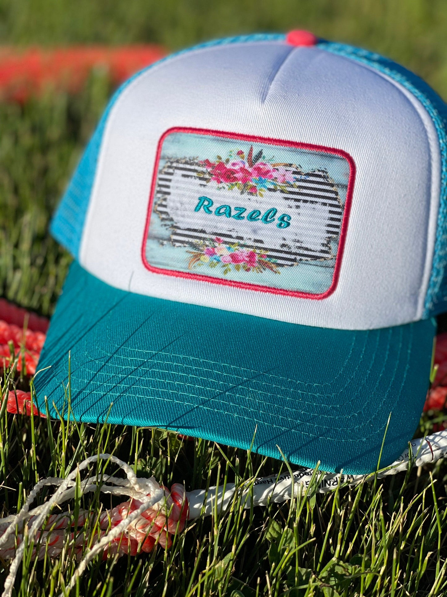 RAZELS LOGO CAP | Retro Trucker Cap with Turquoise Patch | 5 Panel Baseball Hat for Trendy Outdoor Style