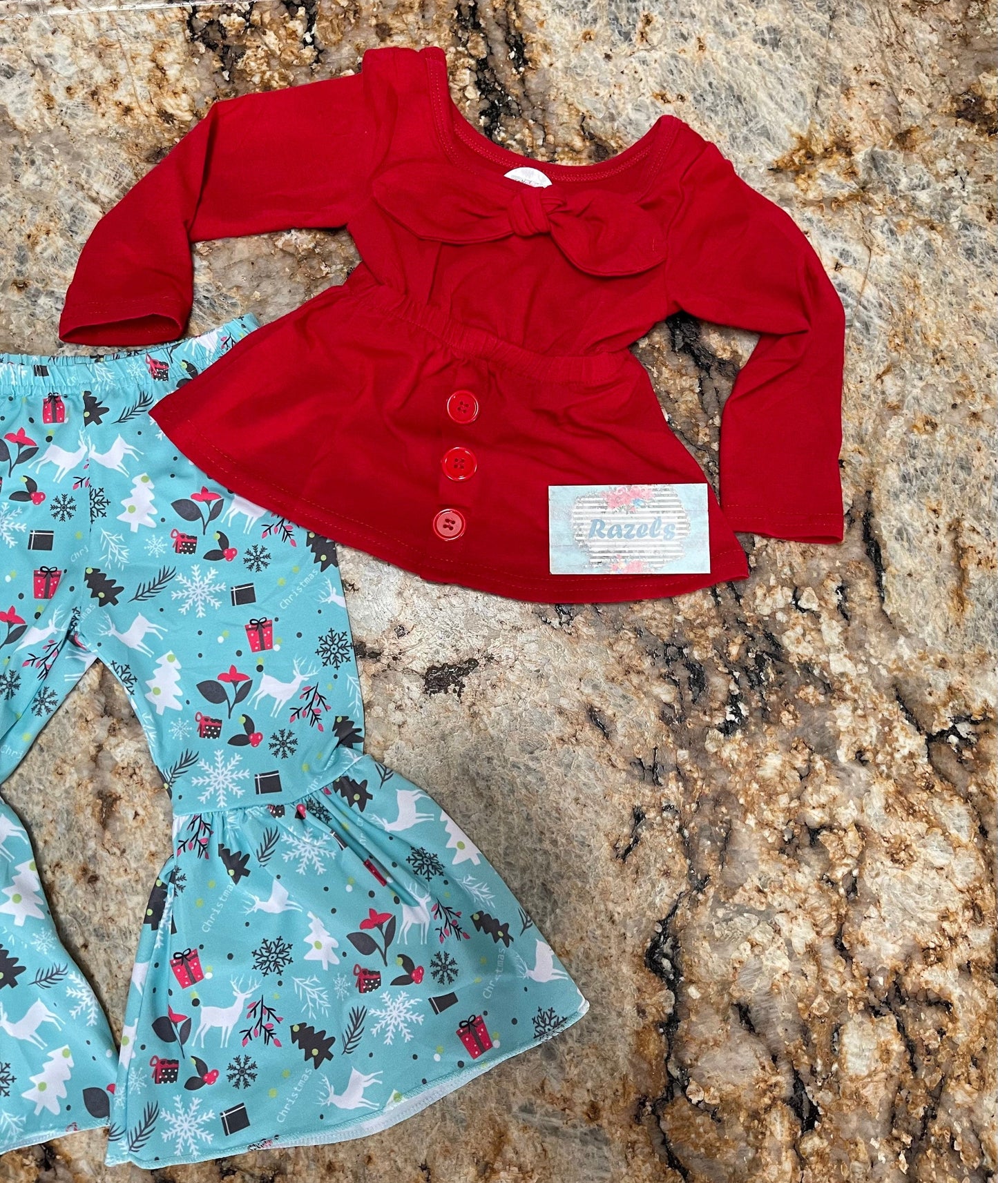 Christmas Boutique Bell Bottom Outfit / BOHO Reindeer Flare Pants,  Christmas Red Bow Top