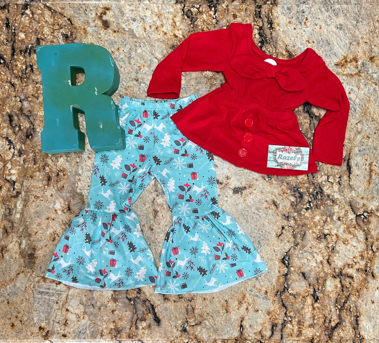 Christmas Boutique Bell Bottom Outfit / BOHO Reindeer Flare Pants,  Christmas Red Bow Top