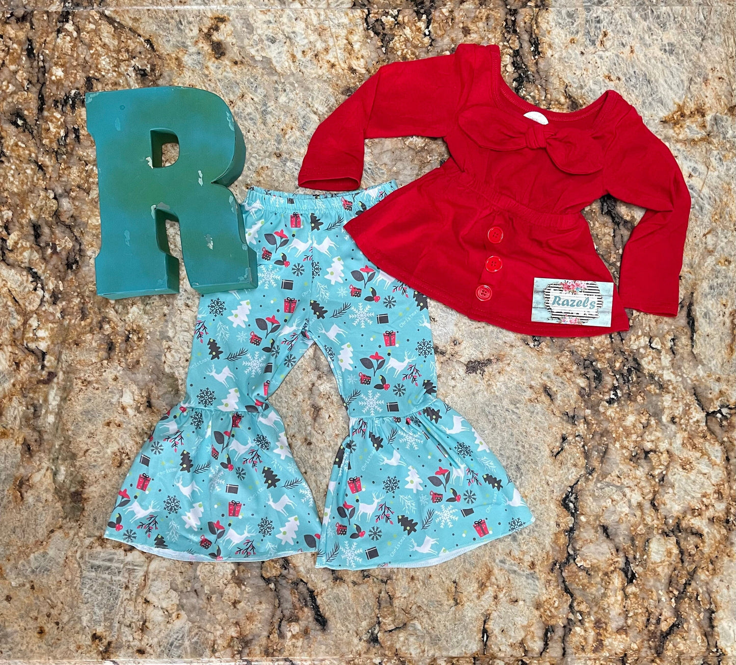 Christmas Boutique Bell Bottom Outfit / BOHO Reindeer Flare Pants,  Christmas Red Bow Top