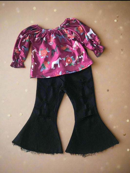 Girls' Horse Shirt & Black Bell Bottom Jeans Outfit, Horse Blouse