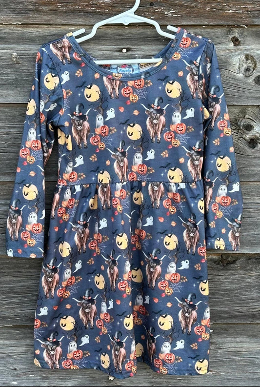 Highland Cow Halloween Dress – Western Pumpkin Cow Dress for Girls | Scottish Highlander Style Fall Dress