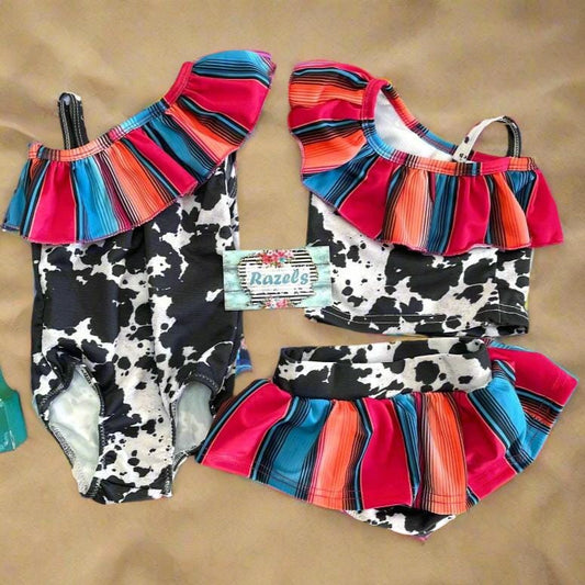 kids Serape and Cow Print Swimsuit, Mexican Swimsuits