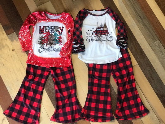 Girls Christmas Outfit, Buffalo Plaid Bell Bottom Pants